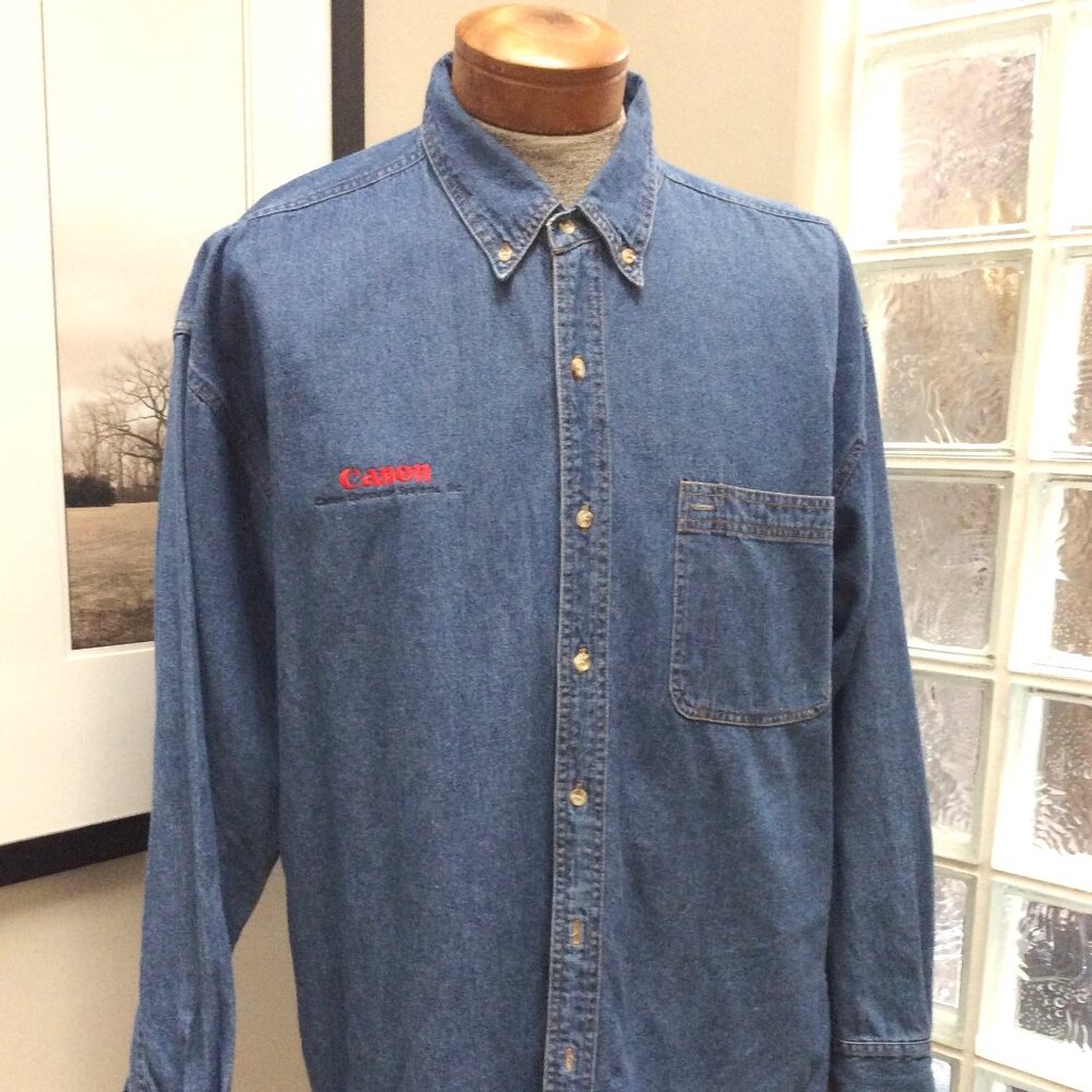 Men's Denim Blue Cotton Long Sleeve Shirt XL Canon Logo